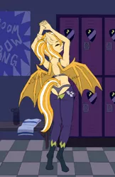 Size: 1100x1700 | Tagged: suggestive, artist:sufficient, derpibooru import, oc, oc:mango milkshake, unofficial characters only, anthro, bat pony, anthro oc, bat pony oc, bat wings, bra, butt, clothes, commission, cracking joints, image, locker room, lockers, panties, pants, png, ponytail, poster, shadowbolts, solo, sports bra, spread wings, stretching, tight clothing, towel, underwear, water bottle, wings, ych result