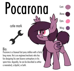 Size: 1168x1115 | Tagged: safe, artist:moonatik, derpibooru import, oc, oc:pocarona, unofficial characters only, bat pony, pony, bat pony oc, bat wings, fangs, image, male, png, reference sheet, solo, stallion, wings