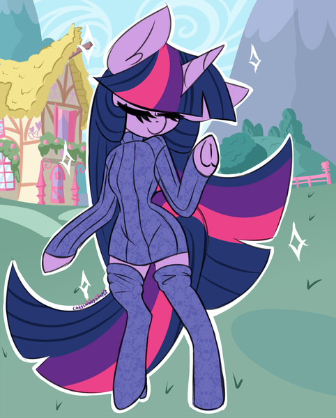 Size: 1630x2030 | Tagged: safe, artist:ladylullabystar, derpibooru import, twilight sparkle, semi-anthro, adorasexy, closed mouth, clothes, cute, ear fluff, eyes closed, female, horn, image, impossibly large mane, impossibly large tail, jpeg, sexy, socks, solo, sweater, thigh highs, zettai ryouiki