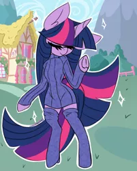 Size: 1630x2030 | Tagged: safe, artist:ladylullabystar, derpibooru import, twilight sparkle, semi-anthro, adorasexy, closed mouth, clothes, cute, ear fluff, eyes closed, female, horn, image, impossibly large mane, impossibly large tail, jpeg, sexy, socks, solo, sweater, thigh highs, zettai ryouiki