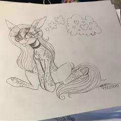Size: 1080x1080 | Tagged: safe, artist:moshi.poni, derpibooru import, oc, unofficial characters only, pony, :p, choker, eyelashes, female, heart, horns, image, jpeg, lineart, mare, signature, sitting, solo, thought bubble, tongue out, traditional art, underhoof