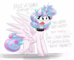 Size: 1877x1522 | Tagged: safe, artist:flutterthrash, derpibooru import, princess flurry heart, alicorn, pony, angry, choker, dialogue, female, image, implied princess cadance, jpeg, mare, offscreen character, older, sketch, solo, spiked choker, spread wings, wings