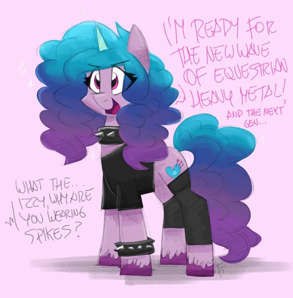 Size: 1834x1864 | Tagged: safe, artist:flutterthrash, derpibooru import, izzy moonbow, pony, unicorn, bracelet, choker, clothes, dialogue, g5, image, jpeg, shirt, sketch, solo, spiked choker, spiked wristband, wristband