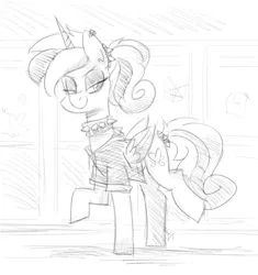 Size: 1669x1776 | Tagged: safe, artist:flutterthrash, derpibooru import, princess cadance, alicorn, pony, choker, clothes, ear piercing, earring, female, image, jewelry, lidded eyes, monochrome, piercing, png, shirt, sketch, smiling, solo, spiked choker, tail wrap, teen princess cadance, younger