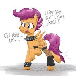 Size: 1658x1693 | Tagged: safe, artist:flutterthrash, derpibooru import, scootaloo, pegasus, pony, bracelet, choker, clothes, dialogue, ear piercing, earring, fishnets, image, jewelry, jpeg, offscreen character, older, piercing, socks, solo, spiked choker, spiked wristband, stockings, thigh highs, wristband