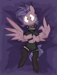 Size: 1200x1600 | Tagged: safe, artist:flutterthrash, derpibooru import, oc, oc:blindside, unofficial characters only, angry, choker, clothes, image, jpeg, looking at you, middle feather, middle finger, shirt, socks, solo, spiked choker, stockings, suggestive source, thigh highs, vulgar, wing hands, wings