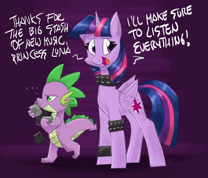 Size: 2627x2248 | Tagged: safe, artist:flutterthrash, derpibooru import, spike, twilight sparkle, twilight sparkle (alicorn), alicorn, dragon, pony, annoyed, bracelet, choker, dialogue, image, jpeg, offscreen character, spiked choker, spiked wristband, unamused, wristband