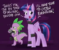 Size: 2627x2248 | Tagged: safe, artist:flutterthrash, derpibooru import, spike, twilight sparkle, twilight sparkle (alicorn), alicorn, dragon, pony, annoyed, bracelet, choker, dialogue, image, jpeg, offscreen character, spiked choker, spiked wristband, unamused, wristband