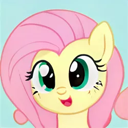 Size: 1024x1024 | Tagged: safe, artist:thisponydoesnotexist, derpibooru import, machine learning generated, fluttershy, pegasus, blue background, cute, image, jpeg, looking at you, neural network, open mouth, shyabetes, simple background