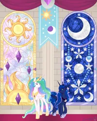 Size: 1152x1440 | Tagged: safe, artist:beadedwolf22, derpibooru import, princess celestia, princess luna, alicorn, pony, duo, female, image, jpeg, mare, royal sisters, siblings, sisters, stained glass, stained glass window