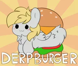 Size: 3374x2863 | Tagged: safe, artist:kittyrosie, banned from derpibooru, deleted from derpibooru, derpibooru import, derpy hooves, pegasus, pony, :3, blushing, burger, chest fluff, chibi, cute, derpabetes, digital art, female, food, image, jpeg, mare, solo, solo female, wings