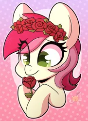 Size: 2085x2886 | Tagged: safe, artist:sakukitty, derpibooru import, roseluck, earth pony, pony, bust, cute, cuteluck, floral head wreath, flower, high res, image, jpeg, rose, smiling, solo