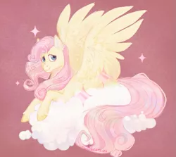 Size: 673x599 | Tagged: safe, artist:pigeorgien, derpibooru import, fluttershy, pegasus, pony, beautiful, cloud, cute, female, figurine, image, large wings, laying on a cloud, long tail, lying down, mare, png, pop mart, shyabetes, simple background, solo, sparkles, spread wings, wind, windswept mane, wings