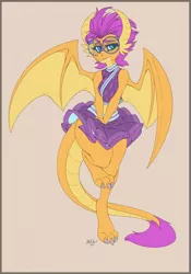 Size: 896x1280 | Tagged: suggestive, artist:quadra, derpibooru import, smolder, anthro, dragon, cheerleader, clothes, covering crotch, digital art, dragoness, dragon wings, dress, female, glasses, horn, image, jpeg, nerd, simple background, smolder also dresses in style, smolder is not amused, solo, solo female, spread wings, tail, thighs, unamused, wide hips, wings