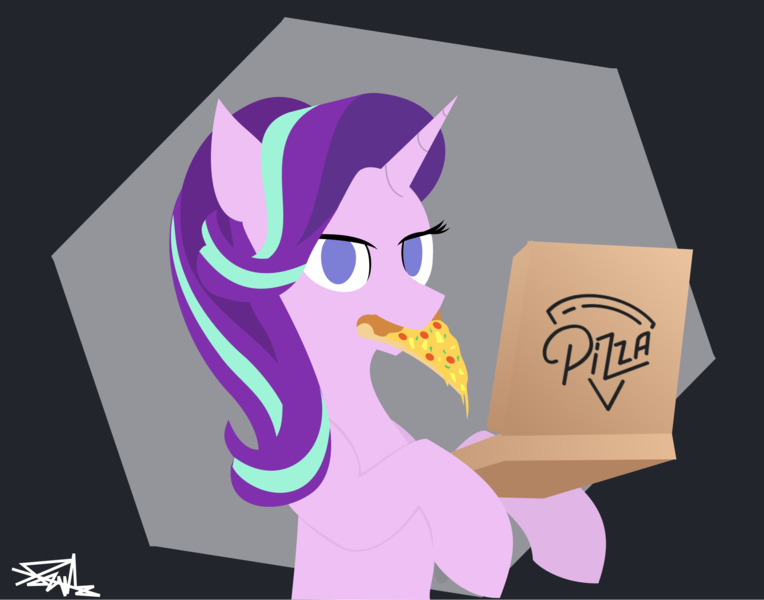 Size: 2372x1864 | Tagged: safe, artist:samsailz, derpibooru import, starlight glimmer, pony, unicorn, box, cheese, eating, food, image, linelessart, pineapple, pineapple pizza, pizza, pizza box, png, solo