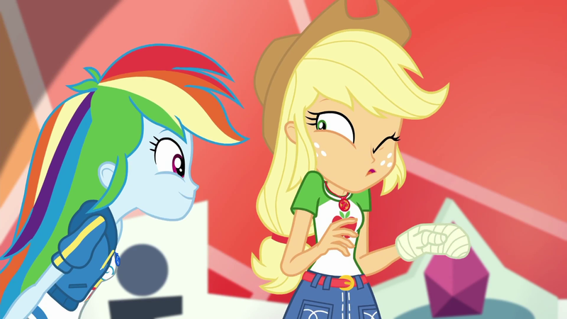 Size: 1280x720 | Tagged: safe, derpibooru import, screencap, applejack, rainbow dash, constructive criticism, equestria girls, equestria girls series, applejack's hat, belt, broken hand, clothes, constructive criticism: rainbow dash, cowboy hat, cute, cutie mark, cutie mark on clothes, dashabetes, denim skirt, geode of super speed, geode of super strength, hat, hoodie, image, magical geodes, one eye closed, png, skirt, smiling