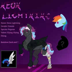 Size: 768x768 | Tagged: safe, artist:rainydayjitters, derpibooru import, rainbow dash, oc, oc:neon lightning, pegasus, pony, female, image, jpeg, mare, reference sheet