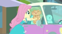 Size: 1280x720 | Tagged: safe, derpibooru import, screencap, fluttershy, cat, driving miss shimmer, equestria girls, equestria girls series, clothes, cutie mark, cutie mark on clothes, driving miss shimmer: fluttershy, eyes closed, fluttershy's car, geode of fauna, image, magical geodes, miss kitty, png