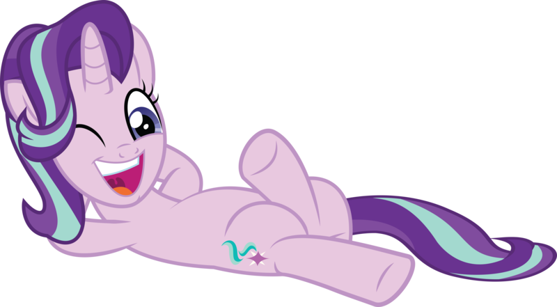 Size: 10861x5986 | Tagged: safe, artist:wissle, derpibooru import, starlight glimmer, pony, unicorn, a horse shoe-in, absurd resolution, arm behind head, crossed legs, cute, female, glimmerbetes, happy, image, laid back, looking at you, lying down, mare, on back, one eye closed, open mouth, png, reclining, simple background, solo, starlight glimmer day, transparent background, vector, wink