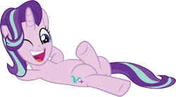 Size: 10861x5986 | Tagged: safe, artist:wissle, derpibooru import, starlight glimmer, pony, unicorn, a horse shoe-in, absurd resolution, arm behind head, crossed legs, cute, female, glimmerbetes, happy, image, laid back, looking at you, lying down, mare, on back, one eye closed, open mouth, png, reclining, simple background, solo, starlight glimmer day, transparent background, vector, wink
