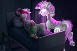 Size: 2560x1706 | Tagged: safe, derpibooru import, oc, oc:chifundo, oc:wandering sunrise, earth pony, ghost, hybrid, pony, undead, zebra, zony, fallout equestria, fallout equestria: dead tree, bed, crying, foal, image, jpeg