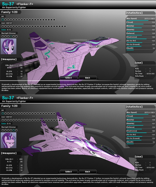 Size: 1270x1518 | Tagged: safe, artist:lonewolf3878, derpibooru import, starlight glimmer, unicorn, aircraft, equal cutie mark, evil grin, evil starlight, fighter, game screencap, grin, image, jet, jet fighter, png, skins, smiling, su-37, vector thrust