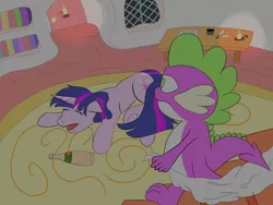 Size: 2000x1500 | Tagged: safe, artist:aklesswift, derpibooru import, spike, twilight sparkle, pony, unicorn, bottle, candle, drunk, drunk twilight, golden oaks library, image, indoors, inkwell, library, night, png, quill, sleeping, tired, unicorn twilight