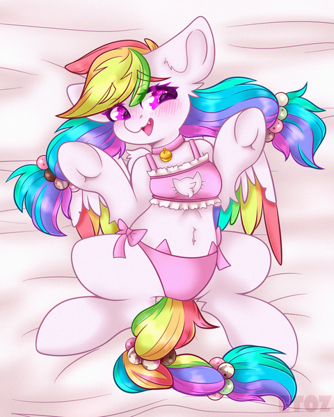 Size: 2000x2500 | Tagged: suggestive, artist:etoz, derpibooru import, oc, oc:prism, unofficial characters only, pegasus, pony, bed, behaving like a cat, bell, blushing, cat bell, catsuit, clothes, collar, commission, cute, fangs, female, happy, image, laying on bed, lingerie, lying, lying down, mare, multicolored hair, on bed, pegasus oc, png, rainbow hair, smiling, solo, underwear, wings, ych result
