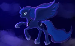 Size: 1440x900 | Tagged: safe, artist:azukatara, derpibooru import, princess luna, alicorn, pony, blue eyes, cloud, crown, ethereal mane, female, flowing mane, flowing tail, flying, hoof shoes, horn, image, jewelry, night, png, regalia, sky, smiling, solo, spread wings, starry mane, starry tail, stars, tail, wings