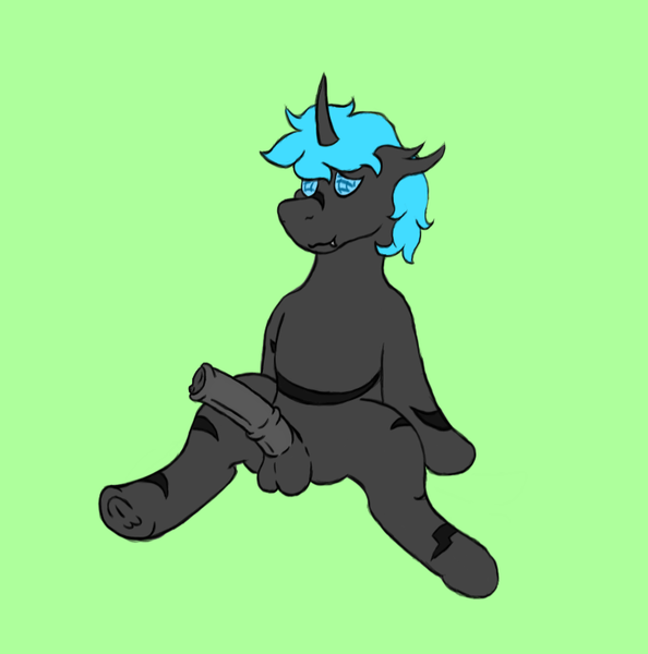 Size: 769x777 | Tagged: explicit, artist:un simple tio, derpibooru import, oc, oc:loshad, unofficial characters only, changeling, hybrid, pony, blue hair, green background, horn, image, male, newbie artist training grounds, nudity, penis, png, scar, scarred, simple background, sitting, solo, solo male