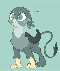 Size: 1922x2271 | Tagged: safe, artist:noupu, derpibooru import, gabby, gryphon, 2021, adorable face, claws, colored pupils, cute, female, fluffy, folded wings, gabbybetes, green background, hair tie, high res, image, japanese, jpeg, moon runes, paws, simple background, smiling, solo, sparkles, standing, text, wings