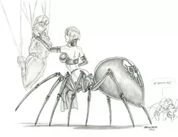 Size: 1400x1077 | Tagged: semi-grimdark, artist:baron engel, derpibooru import, oc, oc:petina, anthro, female, image, jpeg, monochrome, monster musume, pencil drawing, rachnera arachnera, traditional art