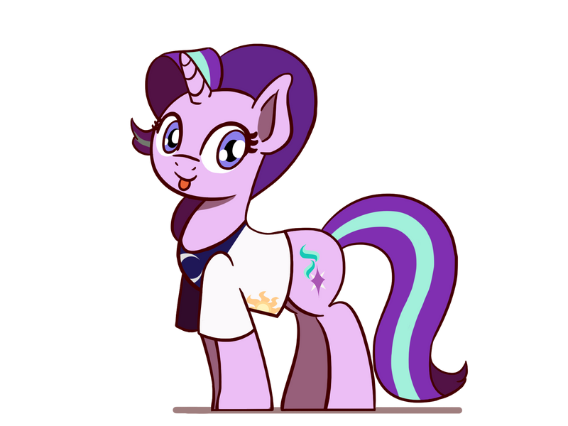 Size: 800x600 | Tagged: safe, artist:flutterluv, deleted from derpibooru, derpibooru import, starlight glimmer, pony, unicorn, :p, celestia's cutie mark, clothes, image, luna's cutie mark, png, shirt, solo, tongue out