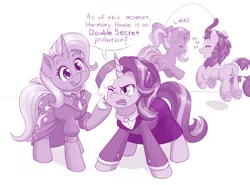Size: 1500x1112 | Tagged: safe, artist:dstears, derpibooru import, luster dawn, starlight glimmer, trixie, kirin, the last problem, animal house, food, headmare starlight, image, jpeg, laughing, movie reference, older, older starlight glimmer, older trixie, one eye closed, pie, tongue out