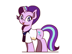 Size: 1800x1350 | Tagged: safe, artist:flutterluv, derpibooru import, starlight glimmer, pony, unicorn, clothes, image, png, shirt, simple background, smiling, solo, t-shirt, tongue out, transparent background