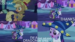 Size: 1280x720 | Tagged: safe, derpibooru import, edit, edited screencap, editor:quoterific, screencap, applejack, spike, twilight sparkle, dragon, earth pony, pony, unicorn, luna eclipsed, clothes, costume, halloween, halloween costume, holiday, image, jpeg, star swirl the bearded costume, unicorn twilight