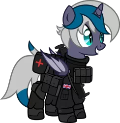Size: 6000x6148 | Tagged: safe, artist:n0kkun, derpibooru import, oc, oc:elizabat stormfeather, unofficial characters only, alicorn, bat pony, bat pony alicorn, pony, alicorn oc, armor, bat pony oc, bat wings, belt, birthday gift, boot, clothes, female, gloves, grin, gun, horn, image, mare, military, military uniform, mp5, pants, png, pouch, sas, shirt, simple background, smiling, solo, submachinegun, transparent background, uniform, union jack, weapon, wings