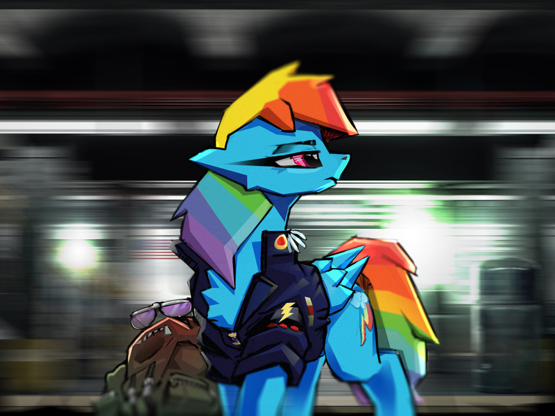 Size: 1890x1417 | Tagged: safe, artist:imadeus, derpibooru import, rainbow dash, backpack, clothes, food, glasses, image, jpeg, looking away, subway, uniform, wonderbolts uniform