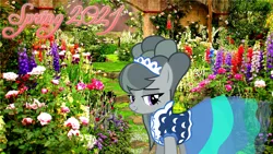 Size: 2064x1161 | Tagged: safe, artist:not-yet-a-brony, derpibooru import, edit, marble pie, earth pony, pony, 2021, clothes, dress, female, flower, garden, image, lyrics in the description, mare, png, song reference, spring, youtube link in the description