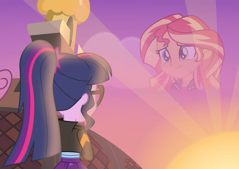 Size: 1024x723 | Tagged: safe, artist:emeraldblast63, derpibooru import, sci-twi, sunset shimmer, twilight sparkle, equestria girls, canterlot high, cute, ending to equestria girls, goodbye, image, jpeg, memory, sad, sunset, sweet