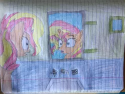 Size: 3264x2448 | Tagged: safe, artist:dupontsimon, derpibooru import, sunset shimmer, unicorn, fanfic:magic show of friendship, equestria girls, fanfic art, image, jpeg, lined paper, mirror, reflection, sink, traditional art