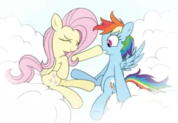 Size: 3393x2351 | Tagged: safe, artist:reconprobe, derpibooru import, fluttershy, rainbow dash, pegasus, pony, boop, cloud, cute, duo, eyes closed, female, high res, image, mare, on a cloud, png, sitting, sitting on cloud, spread wings, surprised, varying degrees of amusement, wings
