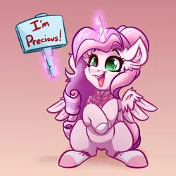 Size: 4000x4000 | Tagged: safe, artist:witchtaunter, derpibooru import, oc, oc:sakura, unofficial characters only, alicorn, pony, absurd resolution, female, gradient background, holding sign, image, levitation, magic, mare, png, sign, sitting, solo, telekinesis