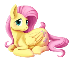 Size: 1132x966 | Tagged: safe, artist:lezzlesdrawsponies, derpibooru import, fluttershy, pegasus, pony, cute, daaaaaaaaaaaw, female, folded wings, head turned, image, looking at you, lying down, mare, png, ponyloaf, prone, shyabetes, simple background, smiling, solo, transparent background, wings