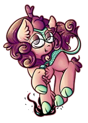 Size: 2498x3470 | Tagged: safe, artist:coco-drillo, derpibooru import, oc, oc:nouth, unofficial characters only, kirin, chest fluff, chibi, ear fluff, fire, glasses, horn, image, jumping, looking at you, png, raised hoof, simple background, smiling, solo, transparent background