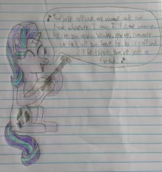 Size: 1465x1556 | Tagged: safe, artist:myoozik, derpibooru import, starlight glimmer, pony, unicorn, acoustic guitar, carole king, cutie mark, derpibooru exclusive, eyelashes, eyes closed, female, guitar, hair, hair flip, happy, image, james taylor, jpeg, lined paper, lyrics, mane, mare, musical instrument, notebook, open mouth, photo, singing, sitting, skunk stripe, solo, song reference, speech bubble, starlight glimmer day, strumming, tail, text, traditional art