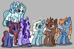 Size: 1600x1069 | Tagged: safe, artist:caramelbolt24, derpibooru import, oc, unofficial characters only, earth pony, pegasus, pony, unicorn, braid, braided tail, curved horn, deviantart watermark, ear fluff, earth pony oc, flying, gray background, group, hoof polish, horn, image, jpeg, looking back, obtrusive watermark, pegasus oc, raised hoof, simple background, smiling, two toned wings, unicorn oc, watermark, wings