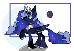 Size: 1920x1342 | Tagged: safe, artist:caramelbolt24, derpibooru import, princess luna, alicorn, pony, alternate design, cloven hooves, constellation, curved horn, ear fluff, ethereal mane, female, galaxy mane, hoof fluff, horn, image, jewelry, mare, peytral, png, raised hoof, signature, simple background, solo, tiara, transparent background, wings
