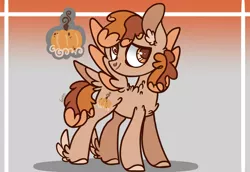 Size: 2388x1641 | Tagged: safe, artist:caramelbolt24, derpibooru import, oc, oc:pumpkin spice, unofficial characters only, pegasus, pony, abstract background, chest fluff, ear fluff, image, jpeg, looking back, magical lesbian spawn, male, offspring, parent:applejack, parent:pinkie pie, parents:applepie, pegasus oc, signature, smiling, solo, stallion, two toned wings, wings