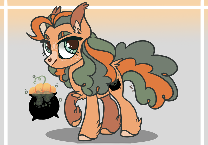 Size: 2388x1668 | Tagged: safe, artist:caramelbolt24, derpibooru import, oc, unofficial characters only, earth pony, pony, abstract background, cauldron, colored hooves, ear fluff, earth pony oc, female, image, magical lesbian spawn, mare, offspring, parent:applejack, parent:pinkie pie, parents:applepie, png, signature, smiling, solo